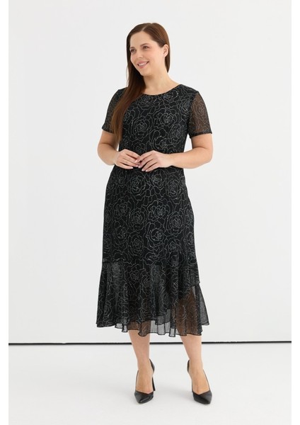 Büyük Beden Etek Ucu Volanlı Gül Desenli Elbise fiyatları