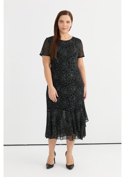 Büyük Beden Etek Ucu Volanlı Gül Desenli Elbise modelleri