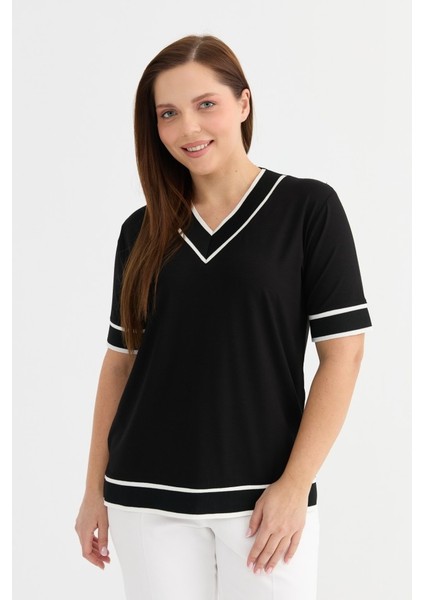 Büyük Beden V Yaka Kısa Kol Ribanalı Penye Bluz