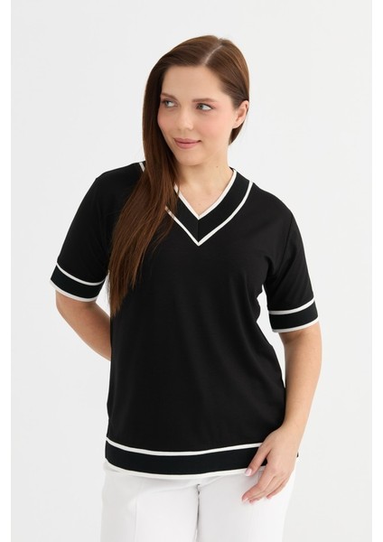 Büyük Beden V Yaka Kısa Kol Ribanalı Penye Bluz fiyatları