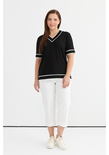 Büyük Beden V Yaka Kısa Kol Ribanalı Penye Bluz modelleri
