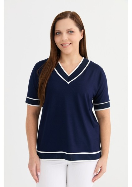 Büyük Beden V Yaka Kısa Kol Ribanalı Penye Bluz indirimleri