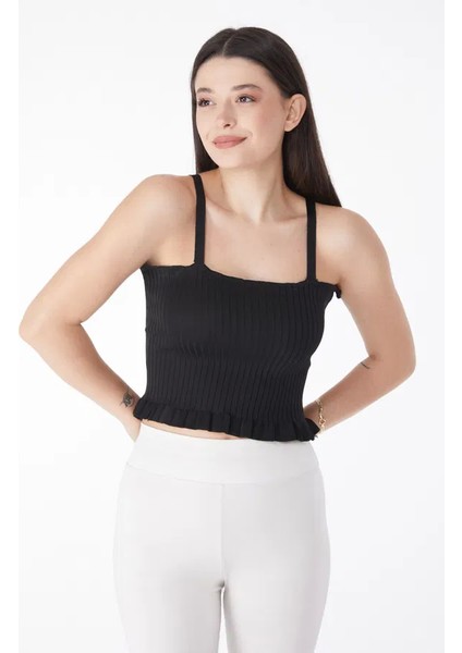 Yazlık Ince Askılı Siyah Eteği Volanlı Triko Croptop/büstiyer