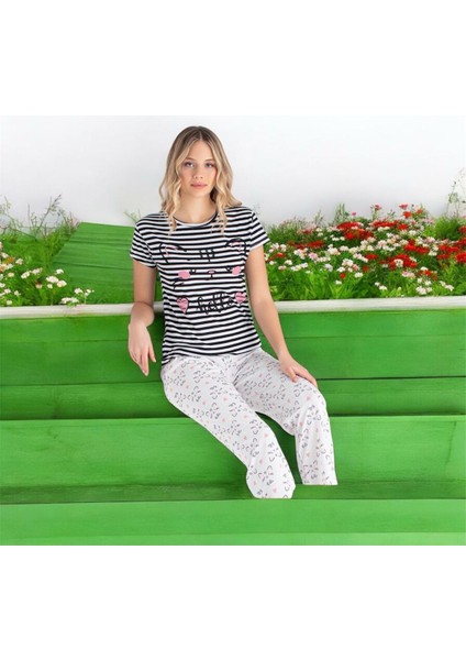 Mlale Kedicik Desenli Suprem Kumaş Kısa Kollu Bayan Pijama Takımı 2553-K