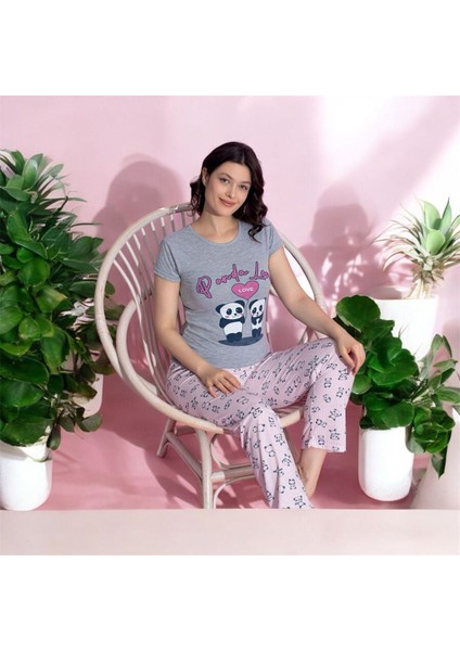 Mlale Panda Desenli Suprem Kumaş Kısa Kollu Bayan Pijama Takımı 3395-G