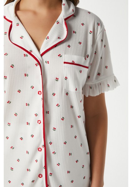 Kadın Fırfırlı Kiraz Ön Düğmeli Kısa Kol Alt Üst Pijama Takımı