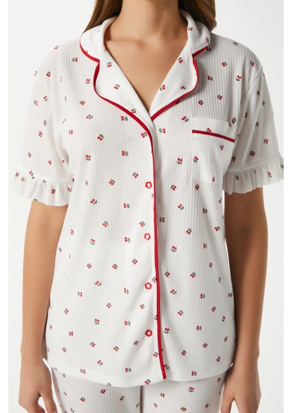 Kadın Fırfırlı Kiraz Ön Düğmeli Kısa Kol Alt Üst Pijama Takımı