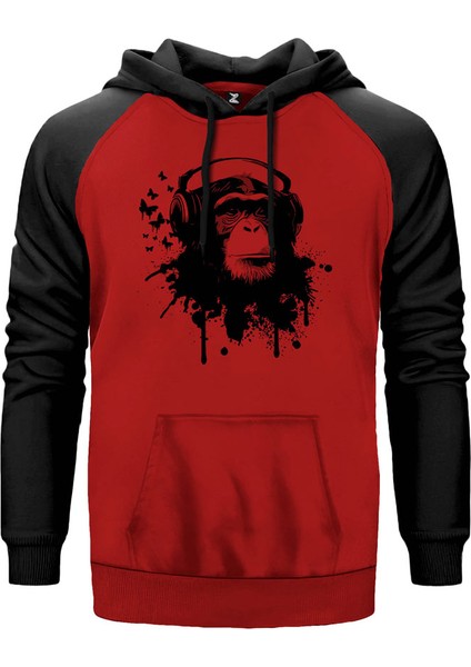 Maymun ve Müzik Kırmızı Renk Reglan Kol Kapşonlu Sweatshirt