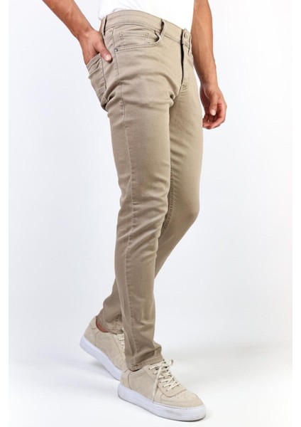 Erkek Bej Slim Fit Esnek Likralı Jean Kot Pantolon HLTHE001966