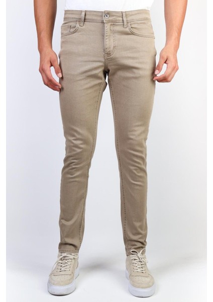Erkek Bej Slim Fit Esnek Likralı Jean Kot Pantolon HLTHE001966