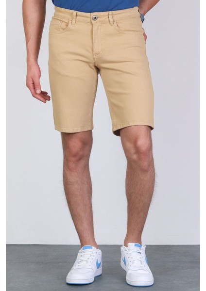 Erkek Bej Slim Kesim Comfort Likralı Denim Esnek Jeans Kot Şort Thomas-Bej