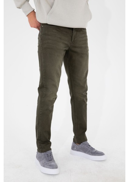 Erkek Koyu Haki Slim Fit Dar Kesim Esnek Likralı Denim Jeans Kot Pantolon HLTHE001986