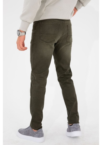 Erkek Koyu Haki Slim Fit Dar Kesim Esnek Likralı Denim Jeans Kot Pantolon HLTHE001986