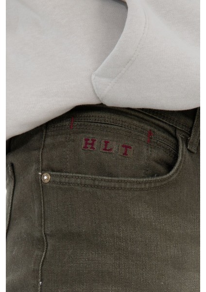 Erkek Koyu Haki Slim Fit Dar Kesim Esnek Likralı Denim Jeans Kot Pantolon HLTHE001986