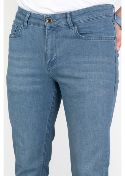 Erkek Mavi Slim Fit Likralı Esnek Taşlamalı Kot Pantolon HLTHE001941