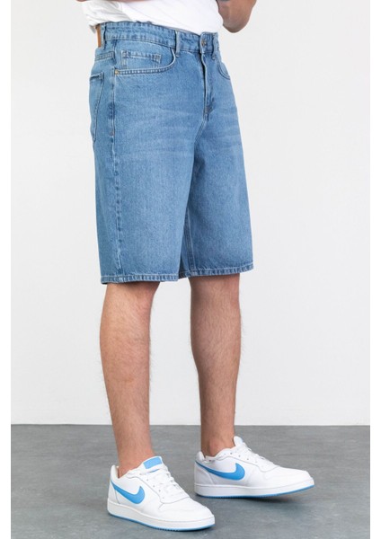 Erkek Açık Mavi Baggy Fit Rahat Kesim %100 Pamuk Denim Loose Jeans Kot Şort Arthur-Açmavi