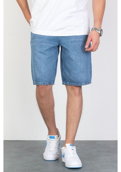 Erkek Açık Mavi Baggy Fit Rahat Kesim %100 Pamuk Denim Loose Jeans Kot Şort Arthur-Açmavi