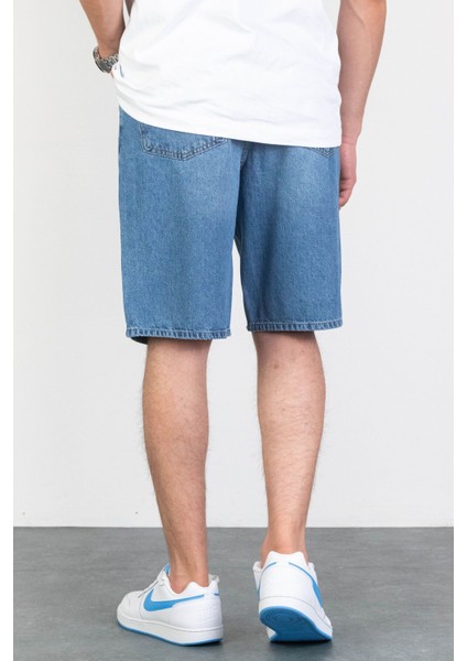 Erkek Açık Mavi Baggy Fit Rahat Kesim %100 Pamuk Denim Loose Jeans Kot Şort Arthur-Açmavi