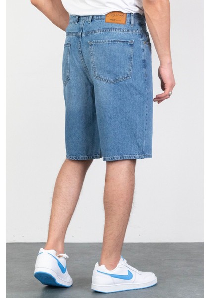 Erkek Açık Mavi Baggy Fit Rahat Kesim %100 Pamuk Denim Loose Jeans Kot Şort Arthur-Açmavi