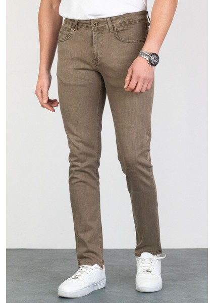 Erkek Açık Camel Slim Fit Dar Kesim Esnek Likralı Denim Jeans Kot Pantolon HLTHE001984