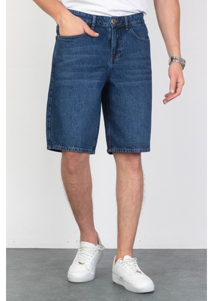 Erkek Koyu Mavi Baggy Fit Rahat Kesim %100 Pamuk Denim Loose Jeans Kot Şort Arthur-Mavi fiyatları