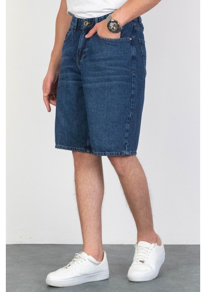 Erkek Koyu Mavi Baggy Fit Rahat Kesim %100 Pamuk Denim Loose Jeans Kot Şort Arthur-Mavi modelleri