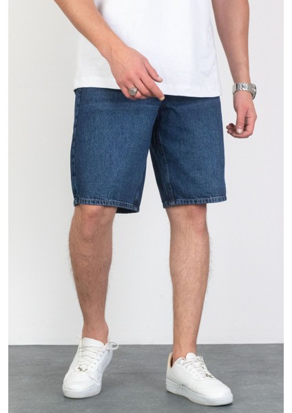 Erkek Koyu Mavi Baggy Fit Rahat Kesim %100 Pamuk Denim Loose Jeans Kot Şort Arthur-Mavi fırsatları