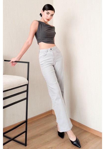 Gümüş Gri Kadın Wide Leg Jean Yüksek Bel Palazzo Likralı Esnek Kot Pantolon JESSİCA-2042