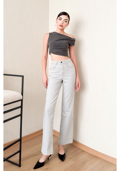 Gümüş Gri Kadın Wide Leg Jean Yüksek Bel Palazzo Likralı Esnek Kot Pantolon JESSİCA-2042