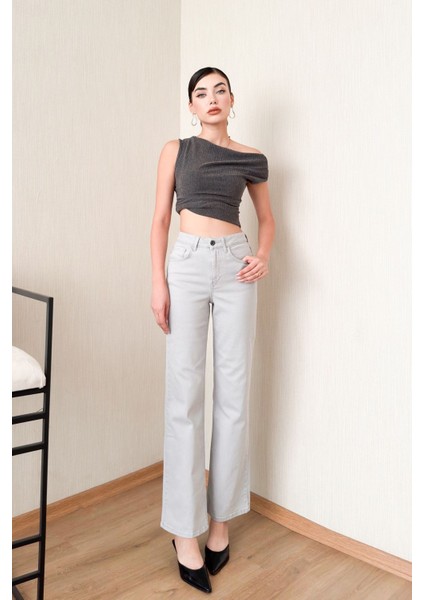 Gümüş Gri Kadın Wide Leg Jean Yüksek Bel Palazzo Likralı Esnek Kot Pantolon JESSİCA-2042
