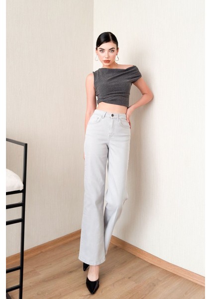 Gümüş Gri Kadın Wide Leg Jean Yüksek Bel Palazzo Likralı Esnek Kot Pantolon JESSİCA-2042