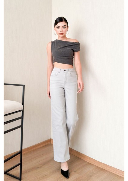 Gümüş Gri Kadın Wide Leg Jean Yüksek Bel Palazzo Likralı Esnek Kot Pantolon JESSİCA-2042
