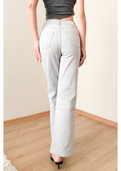 Gümüş Gri Kadın Wide Leg Jean Yüksek Bel Palazzo Likralı Esnek Kot Pantolon JESSİCA-2042