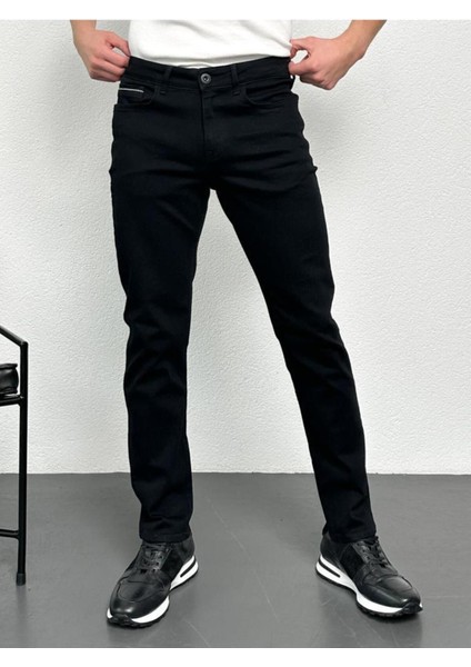 Erkek Siyah Şeritli Model Regular Fit Rahat Kesim Esnek Likralı Denim Jeans Kot Pantolon HLTHE001914