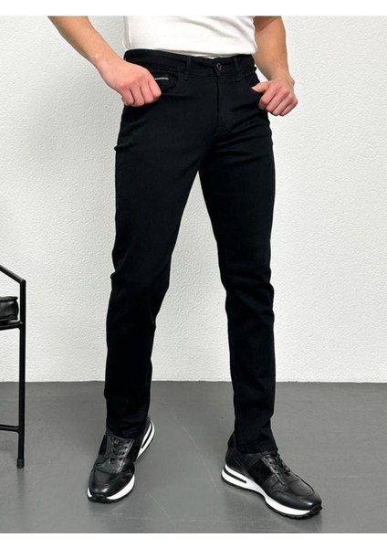 Erkek Siyah Şeritli Model Regular Fit Rahat Kesim Esnek Likralı Denim Jeans Kot Pantolon HLTHE001914