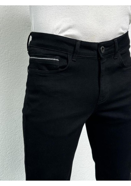Erkek Siyah Şeritli Model Regular Fit Rahat Kesim Esnek Likralı Denim Jeans Kot Pantolon HLTHE001914