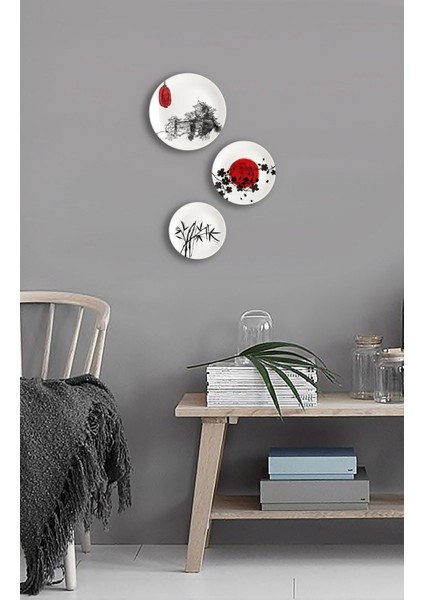 Japon Temalı Baskılı Porselen 3lü Duvar Tabağı Seti