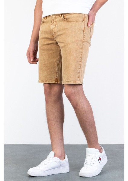 Erkek Bej Melanj Slim Kesim Comfort Likralı Denim Esnek Jeans Kot Şort Thomas-Desert