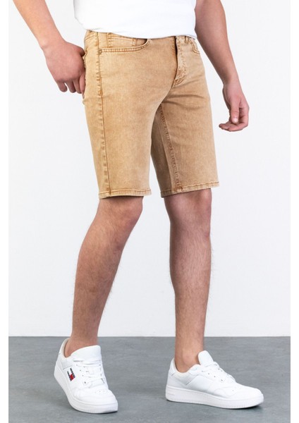 Erkek Bej Melanj Slim Kesim Comfort Likralı Denim Esnek Jeans Kot Şort Thomas-Desert