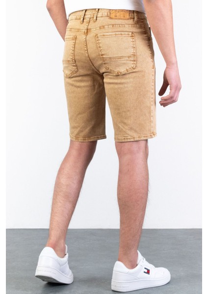 Erkek Bej Melanj Slim Kesim Comfort Likralı Denim Esnek Jeans Kot Şort Thomas-Desert