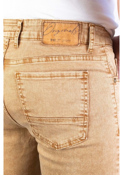 Erkek Bej Melanj Slim Kesim Comfort Likralı Denim Esnek Jeans Kot Şort Thomas-Desert