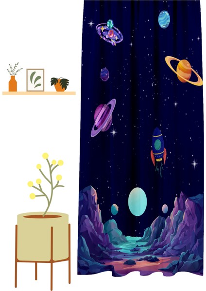 Uzay Astronot Geni Roket Ay Özel Tasarım Desenli Dijital Baskılı (Tek Kanat) Çocuk Oda Şık Fon Perde