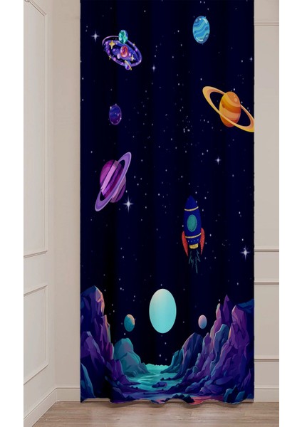 Uzay Astronot Geni Roket Ay Özel Tasarım Desenli Dijital Baskılı (Tek Kanat) Çocuk Oda Şık Fon Perde