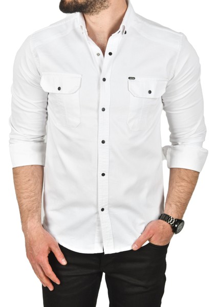 Slim Fit Kolay Ütülenebilir Pamuklu Spor Gömlek Likralı Kot Gömlek 2502505