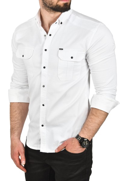 Slim Fit Kolay Ütülenebilir Pamuklu Spor Gömlek Likralı Kot Gömlek 2502505