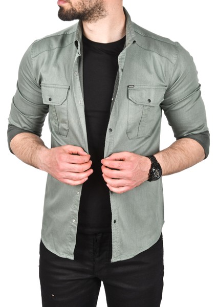 Slim Fit Kolay Ütülenebilir Pamuklu Spor Gömlek Likralı Kot Gömlek 2502505