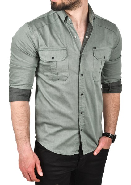 Slim Fit Kolay Ütülenebilir Pamuklu Spor Gömlek Likralı Kot Gömlek 2502505