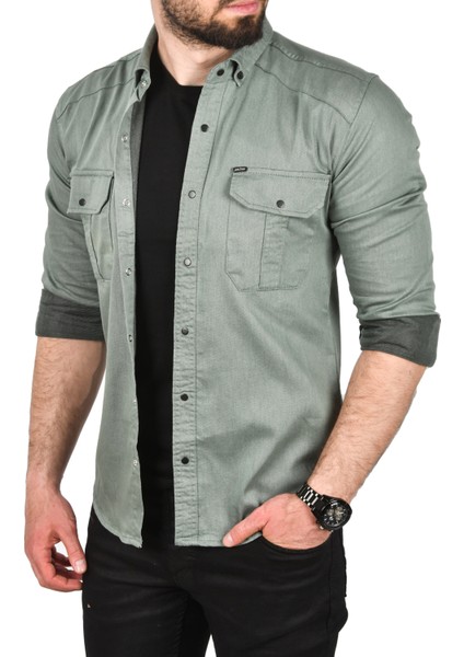 Slim Fit Kolay Ütülenebilir Pamuklu Spor Gömlek Likralı Kot Gömlek 2502505