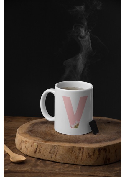 Kişiye Özel V Harfli Pembe Çiçekli Kupa Bardak - Baş Harfe Özel Porselen Mug 300 Ml fiyatları