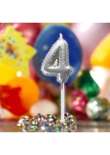 Gümüş Doğum Günü Balon Şeklinde Mum Pasta Mumu 4 Numara